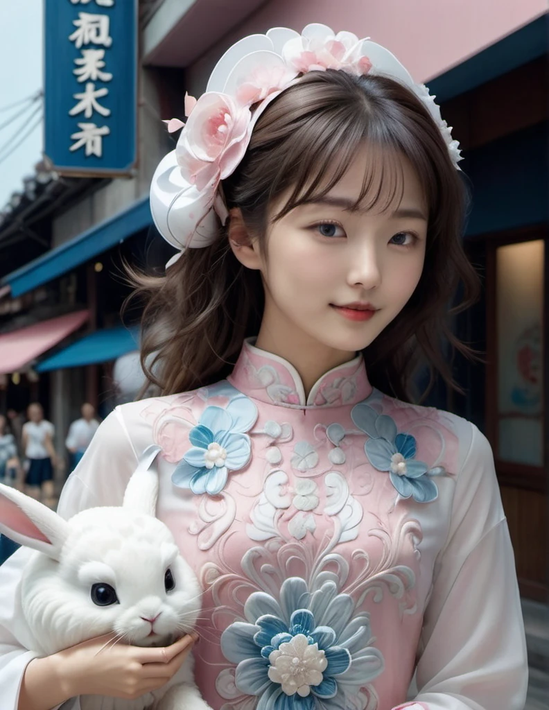 (a beautiful young Taiwan girl and a gaint white  rabbit). the girl with delicate features, wearing a pink and white Korean style fashion outfit with intricate traditional Chinese pattern fabric, cyberpunk style accessories, standing in a modern Taipei street scene, holding a mooncake and smiling at the camera, a gaint fluffy white rabbit standing next to her, (bigger than the girl:1.25), trying to steal her mooncake, with a full moon in the sky in the background, (best quality,8k,highres,masterpiece:1.2),(ultra-detailed:1.33),(realistic,photorealistic,photo-realistic:1.37),extremely detailed, hyperrealistic, Japanese photo style, cinematic light.