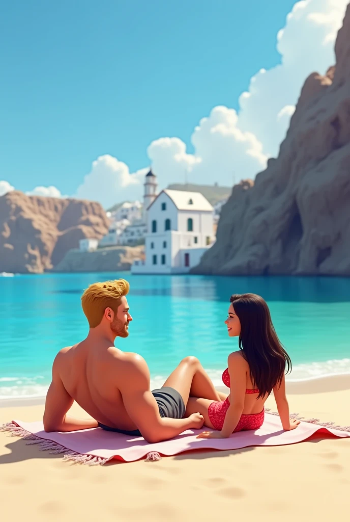 Generate a couple in love sitting together on the sand on the beach, the white-skinned woman with medium-length copper-red hair wearing a red bikini and the white-skinned man wearing a cap and black swimming trunks