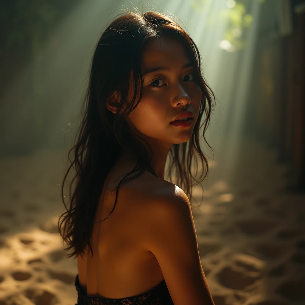 {Top quality}, {{Masterpiece}}, {Superbly delicate and beautiful}, Outstanding light and shadow, Highly detailed wallpaper, Night, Firelight, One girl, Frowning, Messy hair, Realistic skin texture, ,Rainforest, Tight waist, Freckles,