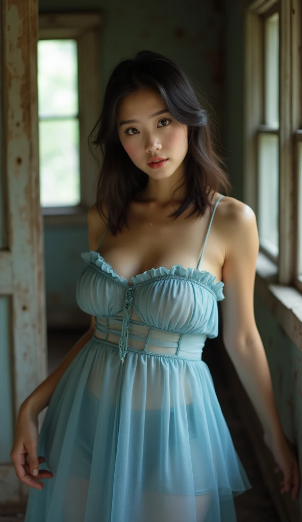 (masterpiece:1.2), (absurdres), (detailed face),(detailed eyes), (best quality) (traditional media:1.2)  , (white backround), (expressionless), hair ribbon, elegant dress, ahoge, sheer blue dress, sexy belly