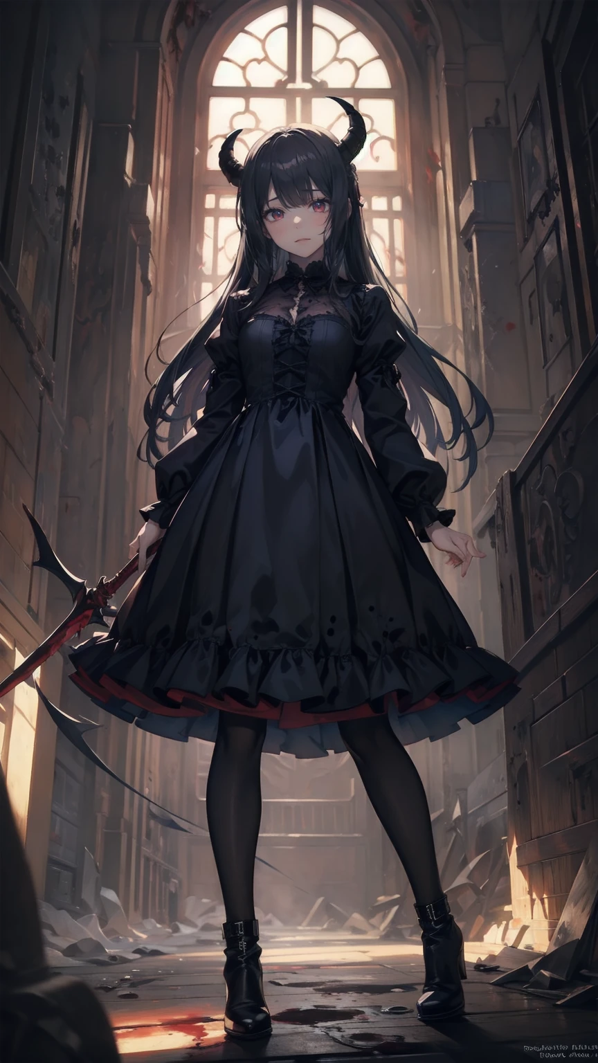 , Perfect Eyes, Soft Light, high quality, 4K resolution, masterpiece, Textured skin, Attention to detail, 最high quality, Awards, Super detailed, high quality, Demon queen with goat horns, Gothic Dress, Living in the depths of hell, Lava flow, Blue long hair, Bright Blue Eyes, Red High Heels, Navy Blue Dress、Shaded face 、Have a weapon、Looking at the viewerS with a frightening expreSSion、beautiful girl、とてもcute天使、Pink Gothic FaShion、cute、、Smile、Long Skirt、Black long bootS、.(HigheSt quality,4K,High reSolution,maSterpiece:1.2),Very detailed,RealiStic:1.37,Spooky altar background,Dark fantaSy,Red color Scheme,OminouS atmoSphere,Eye-catching,Storytelling,anatomy,Anime Style,Concept Art,beautifulAttention to detail顔と (((Red eyeS ))),A terrifying ritual ,Satanic Ritual,Premature death,Inappropriate behavior,Crazy smile,Scythe Face,Girl Monster, beautiful, Delicate facial featureS, Sharp Eye, Sharp fangs, pale Skin, Dark Background, Cinema Lighting, Dramatic ShadowS, Gothic Style, Gloomy atmoSphere, Dark fantaSy, One Person'S, PleaSe open your mouth wide, Open your mouth and baring your teeth,Sharp teeth like a beaSt, Wide lipS, Very wide mouth, Vermilion cheekS, ,(Blood Splatter:1.4),Scary Smile, Smile,Angel DeSign, TwiSted Smile、Bloody、Head bleeding,,,,,、Blood Splatter、,(Blood Splatter:1.4),Skull,Devil's Spear,Horror Style, ((FantaSy Sweet Ta Frill Pink CoStume)), ((Flowing blonde hair)), ,(Blood Splatter:1.4),Female curveS, Sexy flat Stomach, Perfect handS, Perfect anime character face, (Pink Tata DreSS)), Are Standing, ((Evil smile)), ,(Blood Splatter:1.4), Steam circulateS, Moonlight Illumination, night lighting, (Blood Splatter:1.6),Anime Angel Design, TwiSted Smile、Bloody、Head bleeding,,,,,、Blood Splatter、,(Blood Splatter:1.4), Skull,Gothic architecture、WeStern architecture、FantaSy World、,Victorian citieS, Skeleton GaS Light,Absurd, High reSolution、 ((Tabletop)), ((HigheSt quality)), (Very detailedな), ((Very detailed)), (beautiful), ((cute)), (NFSW:1.8), Alone,(:1.6)、(world'The moSt terrifying and creepy demon girl:1.5)beautiful face、Full body Ezbian、pale, beautiful肌、beautiful金の髪、Smile gently、Dark building ruinS、(Snow white'Frill dreSS:1.3)、(The dark ruinS are Stained with blood:1.3)、Low angle full body Shot、(The girl is standing in a pool of blood:1.5)、(The ground iS full of blood:1.3)、(The girl loSt a lot of blood....:1.3)、(Crazy smile:1.6)、SpiritS、(Blood dripping from the mouth:1.3)、
