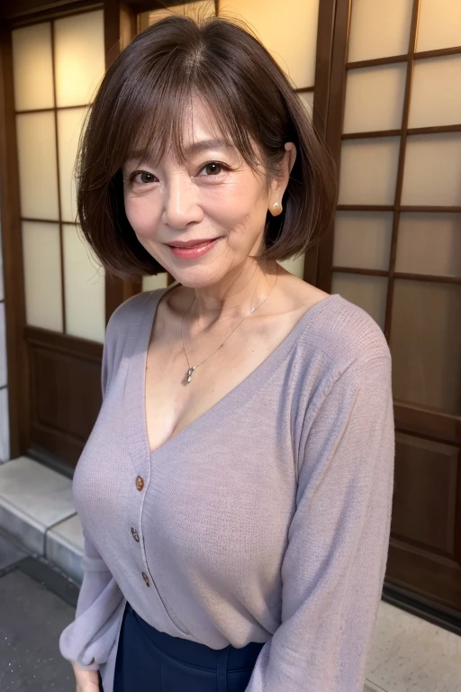 Best Quality, 8k, masterpiece, Photorealistic, Realistic, ((Selphy、Selfie))、night,Good size ,70 years old,((An innocent smile)),Taking a break,Beautiful Japanese woman at work,Medium Hair,Facial wrinkles, ((Upper Body)), Brown casual wear,Medium Hair, Around town, (Viewer's perspective), ((A big smile)),Large Breasts,Glamorous figure,((Beautiful legs)),