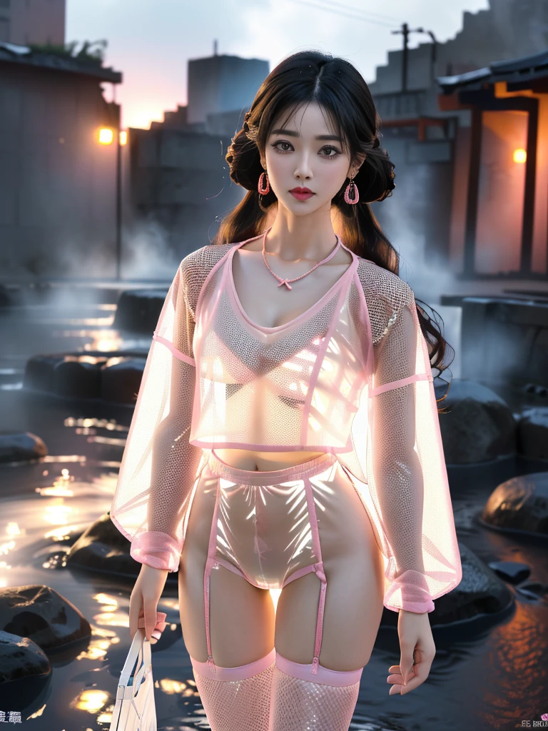 一个有着美丽脸庞的Sexy中国华裔女孩, Wearing revealing, transparent clothing, ((Light theme, Expose the subject))
(((Heavy rain, Doomsday ruins, Underground hot spring, Dilapidated buildings))),
((8K Ultra HD, 8K, Ultra-high resolution, Best quality, Super Fine, Clear focus. Masterpieces, complete pattern, Ultra HD, Detailed photos, Best image quality，Ultra-clear，Delicate facial features，Well-defined, Highly rated works, Close-up depth of field photography, Above the knee)), 
((Creating the image of a real girl), Realistic shadows, Soft lighting, Dynamic Angle, Dynamic poses, Elegant Posture, Cowboy lens, Full body front view, Be confident, Facing the camera, Eyes looking towards camera lens, Standing posture, Open your legs slightly, Golden Ratio Graphics, Minimalism, Center the character), 
( Smile, Sexy的, Balanced Eyes, Realistic eyes, Beautiful details of the eyes,Pretty Face, (Realistic face), Normal facial features, Realistic skin, Pay attention to skin details, Skin is clean and radiant, Whitening, Anatomically correct body, Golden ratio figure, Sexy的身材), 
(Perfect makeup, Gloves, earrings, bracelet, necklace, Jewelry, Hair accessories, shawl, sock, Knee socks, 吊garter, Leg ring, garter, 腿部garter), 
((beautiful hair), Dark black hair, Wavy curly hairstyle, Waist-length hair, Messy Hairstyle, Gradient hairstyles, Cyberpunk Hairstyle, High double ponytail hairstyle), 
((Transparent clothes: 1.5), (Revealing clothes: 1.5),  (Wet clothes:1.0), (Color of clothes: Pink), Wearing transparent clothing, (((Transparent pink mesh T-shirt))), (((Transparent pink mesh T-shirt下的比基尼))), (((Transparent pink mesh skirt))), (((Transparent pink mesh skirt下的黑色肩帶內褲)))), 
(Sexy的, Perfect breast shape, Teardrop chest shape, Snow-white breasts, Very detailed breasts, 36B cups), 
(Super high waist, Deep V, Low-cut, Sexy, Flattering, Open crotch, (Clear camel toe, High fork strangulation))
(((Clear outline, Clear underwear, 透明Sexy的穿着, Clear outline)))