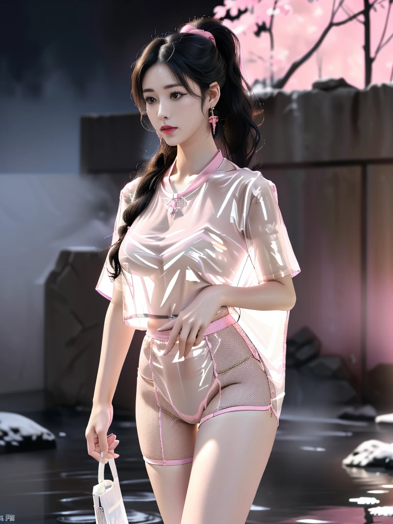 一个有着美丽脸庞的Sexy中国华裔女孩, Wearing revealing, transparent clothing, ((Light theme, Expose the subject))
(((Heavy rain, Doomsday ruins, Underground hot spring, Dilapidated buildings))),
((8K Ultra HD, 8K, Ultra-high resolution, Best quality, Super Fine, Clear focus. Masterpieces, complete pattern, Ultra HD, Detailed photos, Best image quality，Ultra-clear，Delicate facial features，Well-defined, Highly rated works, Close-up depth of field photography, Above the knee)), 
((Creating the image of a real girl), Realistic shadows, Soft lighting, Dynamic Angle, Dynamic poses, Elegant Posture, Cowboy lens, Full body front view, Be confident, Facing the camera, Eyes looking towards camera lens, Standing posture, Open your legs slightly, Golden Ratio Graphics, Minimalism, Center the character), 
( Smile, Sexy的, Balanced Eyes, Realistic eyes, Beautiful details of the eyes,Pretty Face, (Realistic face), Normal facial features, Realistic skin, Pay attention to skin details, Skin is clean and radiant, Whitening, Anatomically correct body, Golden ratio figure, Sexy的身材), 
(Perfect makeup, Gloves, earrings, bracelet, necklace, Jewelry, Hair accessories, shawl, sock, Knee socks, 吊garter, Leg ring, garter, 腿部garter), 
((beautiful hair), Dark black hair, Wavy curly hairstyle, Waist-length hair, Messy Hairstyle, Gradient hairstyles, Cyberpunk Hairstyle, High double ponytail hairstyle), 
((Transparent clothes: 1.5), (Revealing clothes: 1.5),  (Wet clothes:1.0), (Color of clothes: Pink), Wearing transparent clothing, (((Transparent pink mesh T-shirt))), (((Transparent pink mesh T-shirt下的比基尼))), (((Transparent pink mesh skirt))), (((Transparent pink mesh skirt下的黑色肩帶內褲)))), 
(Sexy的, Perfect breast shape, Teardrop chest shape, Snow-white breasts, Very detailed breasts, 36B cups), 
(Super high waist, Deep V, Low-cut, Sexy, Flattering, Open crotch, (Clear camel toe, High fork strangulation))
(((Clear outline, Clear underwear, 透明Sexy的穿着, Clear outline)))