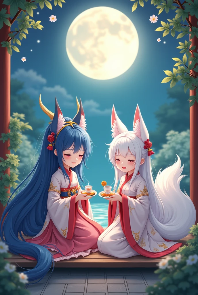 masterpiece, high resolution, high quality, open-air bath, night, 2 girls, (bath towel, red hair ornament, big, cat ears, floral, yellow eyes, gray hair, twin tails), (bath towel, purple hair ornament, big, floral pattern, red eyes, black hair, ponytail), NSFW, seduction, kissing