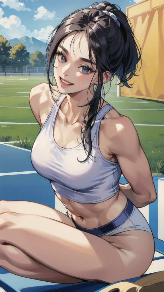 ((masterpiece, Best Quality, Best Quality)),((1 person)),Highly detailed face、Highly detailed eyes、Highly detailed skin、Highly detailed fingers、Highly detailed nose、Highly detailed mouth、Anatomically Perfect Fingers、Anatomically perfect arm、Detailed Background,((A happy smile)),((Sounds fun!)),(Track and field athlete),(Sports Bra),(sexy),(Exposed shoulders),(Summer sunshine),(Dynamic),(露出したAbdominal muscles),(Abdominal muscles),(laughter),(Ground),(Jumping),(jump over),Tight fitting clothing