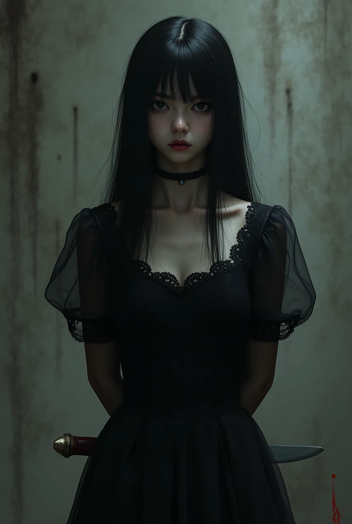 arafed woman in a black dress with blood on her face, artwork in the style of guweiz, 1 7 - year - old anime goth girl, scary look, creepy gothic portrait, portrait of demon girl, cruel korean goth girl, 1 7 - year - old goth girl, alexey egorov, pale young ghost girl, dark and horror style