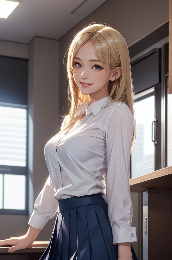 (masterpiece, best quality:1.2), cowboy shot, solo, 1girl, izumi mei, dark skin, dark-skinned girl, gyaru, smile, closed mouth, hand in own hair, school uniform, pleated skirt, white panties