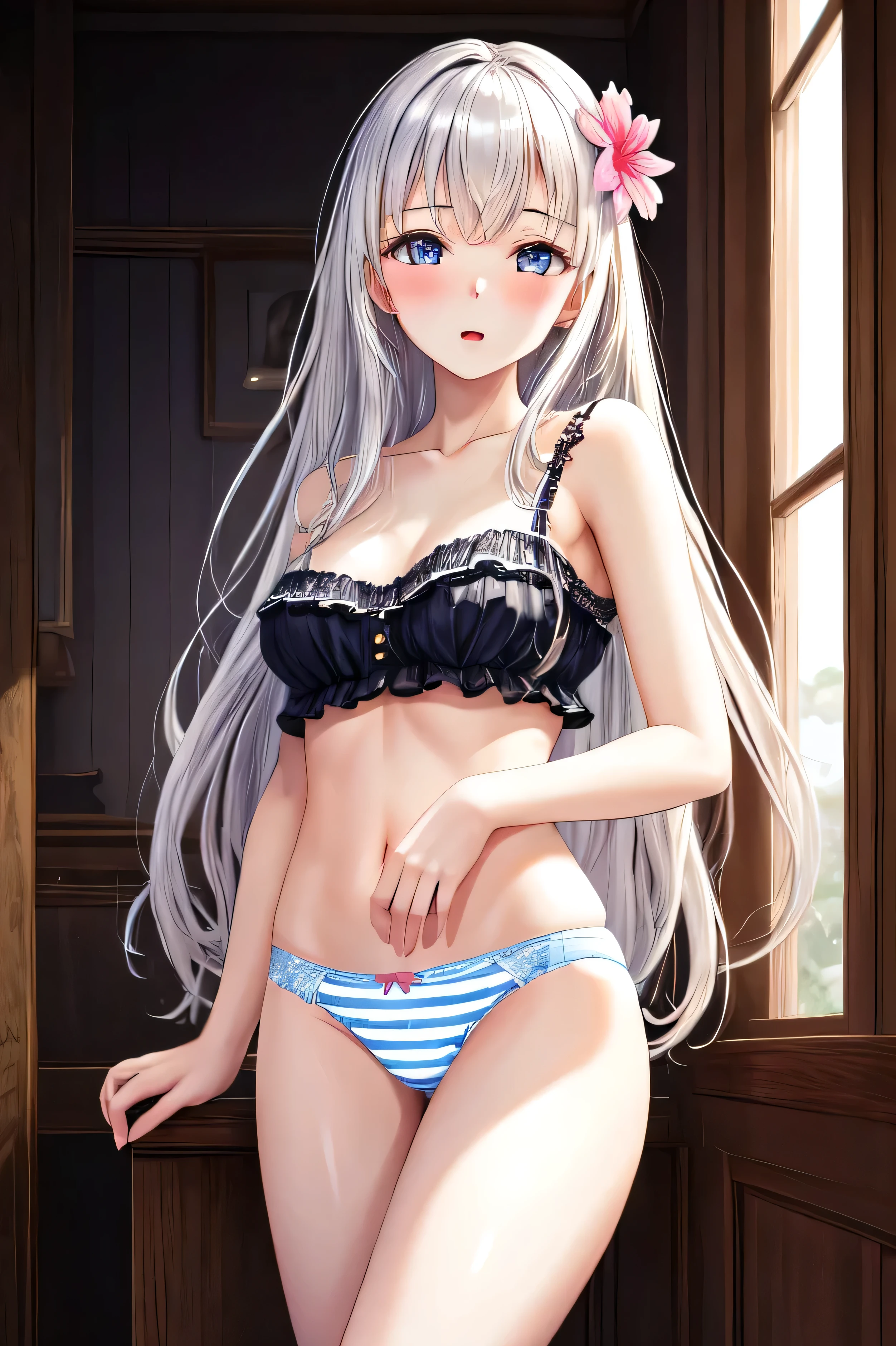 Best Quality, masterpiece, High resolution, Alone,  1 girl, (panties),(<<xml><input>xml><input>good), Striped underwear, RO500, Long Hair, Hair Flowers, <<xml><input>xml><input>White skin, Cowboy Shot、