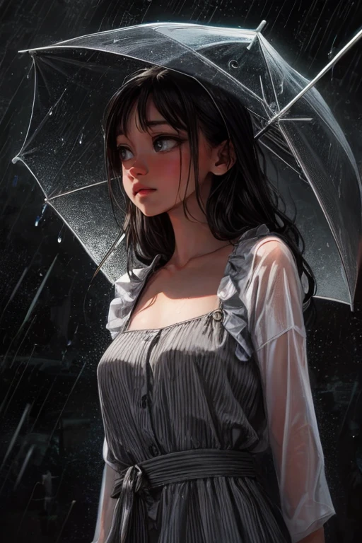 ultra-detailed, vibrant colors, soft natural lighting, fine art, bokeh effect. upper body, casual outfit, medium shot, big eyes, huge eyes, ((standing)), ((raining:1.4)), under the rain, ((gray colours:1.5)), ((at night)), ((dark atmosphere:1.5)), ((small breasts:1.3)), ((flat chest)), ((neon lights:1.4))