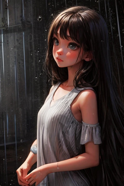 ultra-detailed, vibrant colors, soft natural lighting, fine art, bokeh effect. upper body, casual outfit, medium shot, big eyes, huge eyes, ((standing)), ((raining:1.4)), under the rain, ((gray colours:1.5)), ((at night)), ((dark atmosphere:1.5)), ((small breasts:1.3)), ((flat chest)), ((neon lights:1.4))