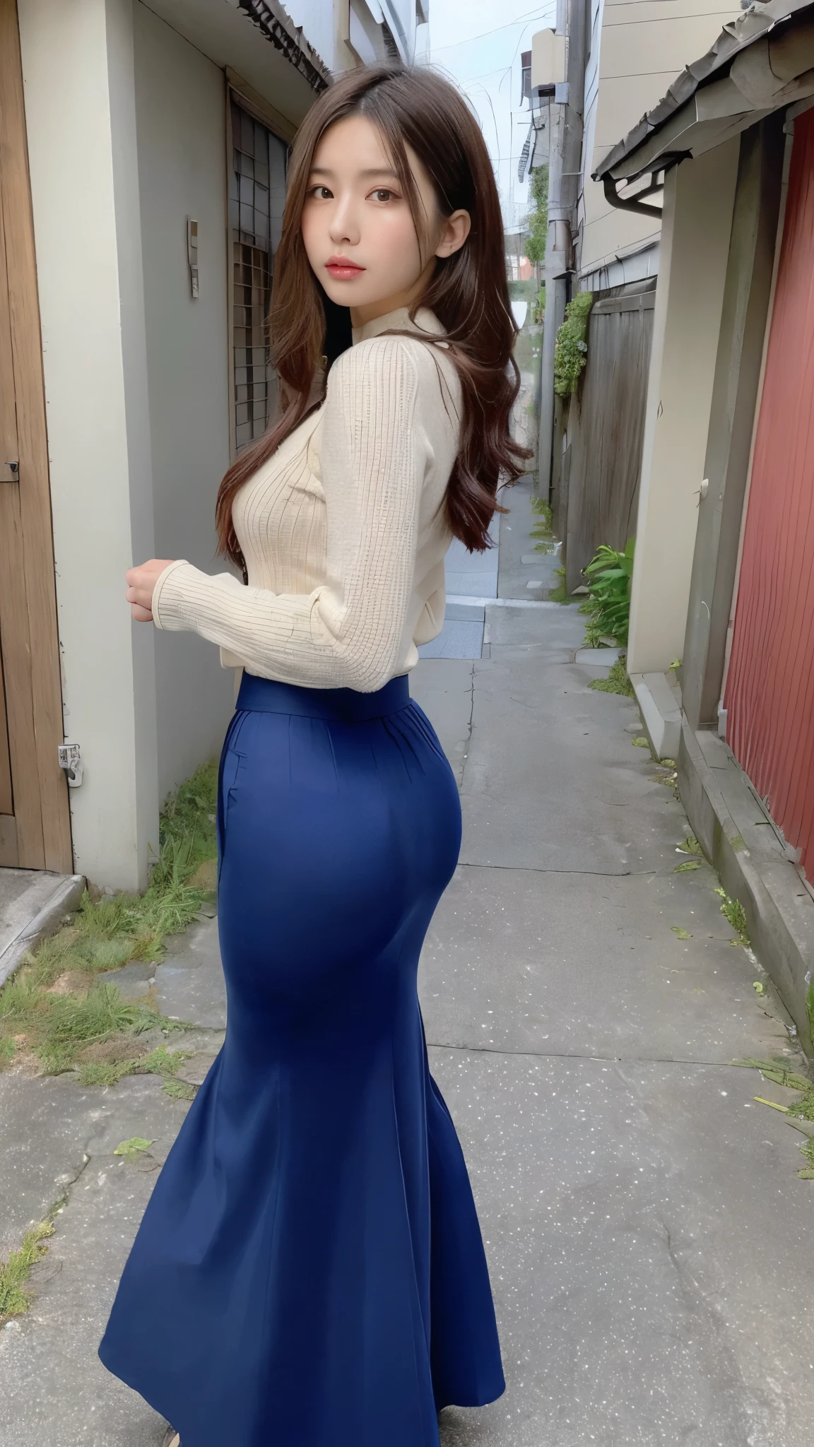 (masterpiece,Best Quality,Ultra-high resolution),Highly detailed CG, Perfect lighting、Perfect upper and lower body balance、Beautiful and perfect face、(((Very beautiful Japanese woman)))、((A simple high-waisted pencil mermaid skirt)),(((Maxi length long skirt)))、The skirt fits snugly、Long sleeve tops、Plump thighs、Walking down a back alley at night,Looking back