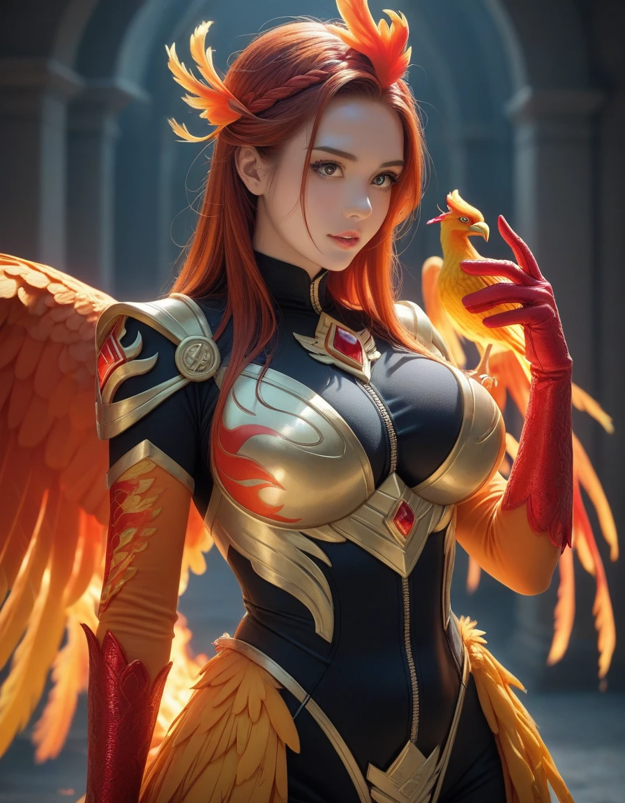 A realistic 4K phoenix with orange feathers, with a serious expression and looking forward, corpo inteiro.