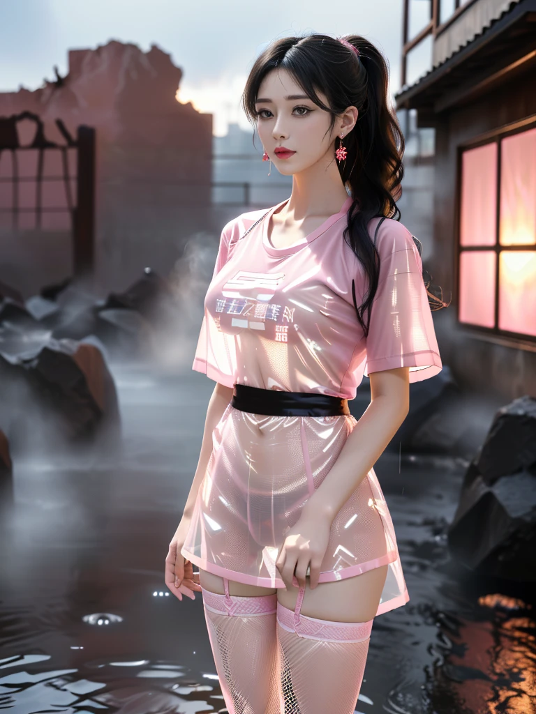 一个有着美丽脸庞的Sexy中国华裔女孩, Wearing revealing, transparent clothing, ((Light theme, Expose the subject))
(((Heavy rain, Doomsday ruins, Underground hot spring, Dilapidated buildings))),
((8K Ultra HD, 8K, Ultra-high resolution, Best quality, Super Fine, Clear focus. Masterpieces, complete pattern, Ultra HD, Detailed photos, Best image quality，Ultra-clear，Delicate facial features，Well-defined, Highly rated works, Close-up depth of field photography, Above the knee)), 
((Creating the image of a real girl), Realistic shadows, Soft lighting, Dynamic Angle, Dynamic poses, Elegant Posture, Cowboy lens, Full body front view, Be confident, Facing the camera, Eyes looking towards camera lens, Standing posture, Open your legs slightly, Golden Ratio Graphics, Minimalism, Center the character), 
( Smile, Sexy的, Balanced Eyes, Realistic eyes, Beautiful details of the eyes,Pretty Face, (Realistic face), Normal facial features, Realistic skin, Pay attention to skin details, Skin is clean and radiant, Whitening, Anatomically correct body, Golden ratio figure, Sexy的身材), 
(Perfect makeup, Gloves, earrings, bracelet, necklace, Jewelry, Hair accessories, shawl, sock, Knee socks, 吊garter, Leg ring, garter, 腿部garter), 
((beautiful hair), Dark black hair, Wavy curly hairstyle, Waist-length hair, Messy Hairstyle, Gradient hairstyles, Cyberpunk Hairstyle, High double ponytail hairstyle), 
((Transparent clothes: 1.5), (Revealing clothes: 1.5),  (Wet clothes:1.0), (Color of clothes: Pink), Wearing transparent clothing, (((Transparent pink mesh T-shirt))), (((Transparent pink mesh T-shirt下的黑色比基尼))), (((Transparent pink mesh skirt))), (((Transparent pink mesh skirt下的黑色肩帶內褲)))), 
(Sexy的, Perfect breast shape, Teardrop chest shape, Snow-white breasts, Very detailed breasts, 36B cups), 
(Super high waist, Deep V, Low-cut, Sexy, Flattering, Open crotch, (Clear camel toe, High fork strangulation))
(((Clear outline, Clear underwear, 透明Sexy的穿着, Clear lower body contour)))