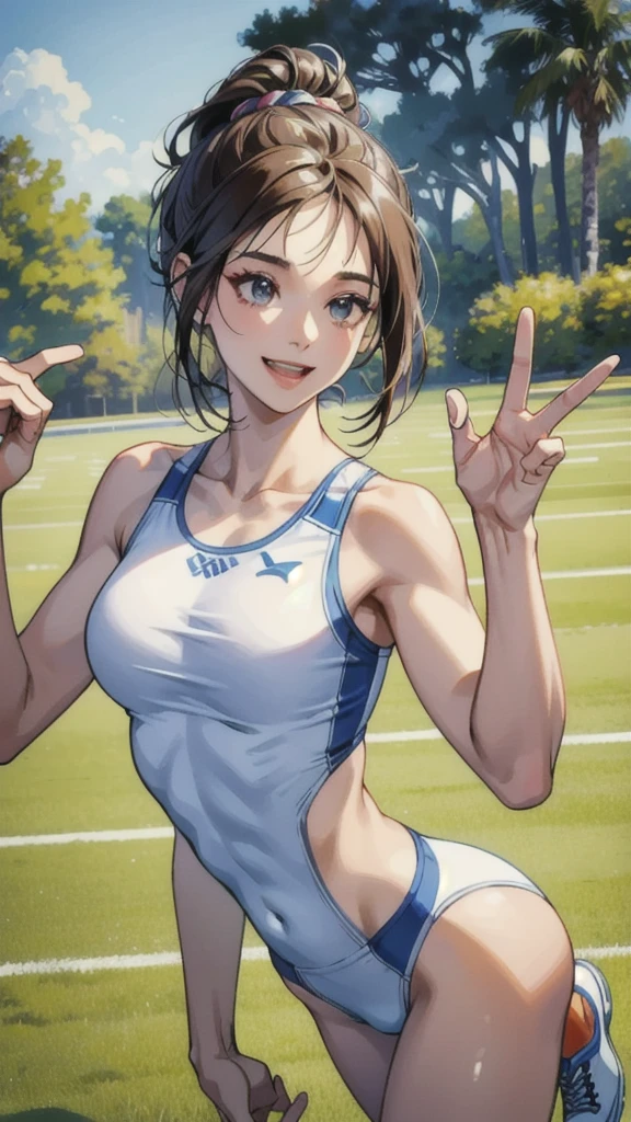 ((masterpiece, Best Quality, Best Quality)),((1 person)),Highly detailed face、Highly detailed eyes、Highly detailed skin、Highly detailed fingers、Highly detailed nose、Highly detailed mouth、Anatomically Perfect Fingers、Anatomically perfect arm、Detailed Background,((A happy smile)),((Sounds fun!)),(Track and field athlete),(Sports Bra),(sexy),(Exposed shoulders),(Summer sunshine),(Dynamic),(露出したAbdominal muscles),(Abdominal muscles),(laughter),(Ground),(Jumping),(jump over),Tight fitting clothing