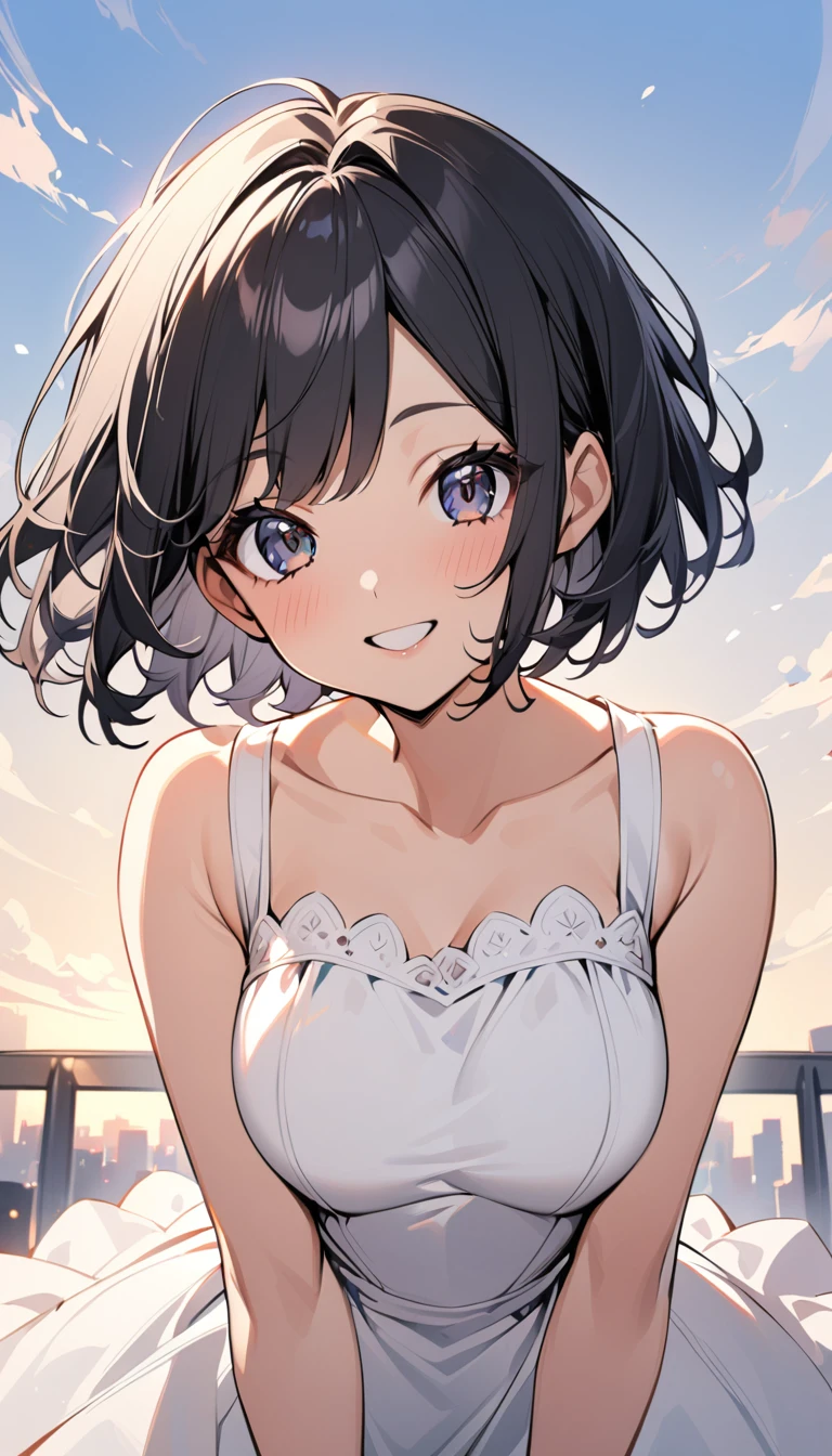 masterpiece, best quality, ultra detailed, sparkling eyes, 1girl, solo, purple eyes, looking at viewer, smile, short hair, upper body, cloud, sky, blush, breasts, dress, from side, bangs, bare shoulders, sleeveless, signature, white dress, parted lips, petals, black hair, medium breasts, sleeveless dress, blue sky, outdoors, brown hair, looking to the side