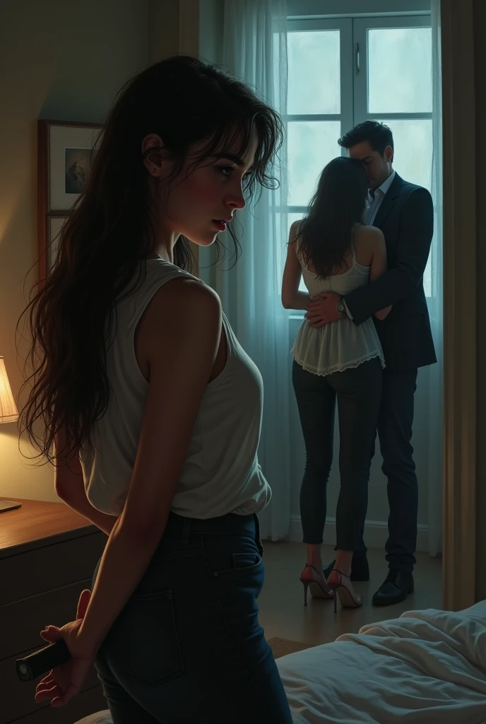 Hyper-realistic scene of incest mom and son in the bedroom, mom standing in front of her son showing her lingerie, son sit in the chair watching his mother body, mom face is flushing, 8k, cinematic light, realistic photo, octane rendering, centered, Masterpiece, 35mm,
