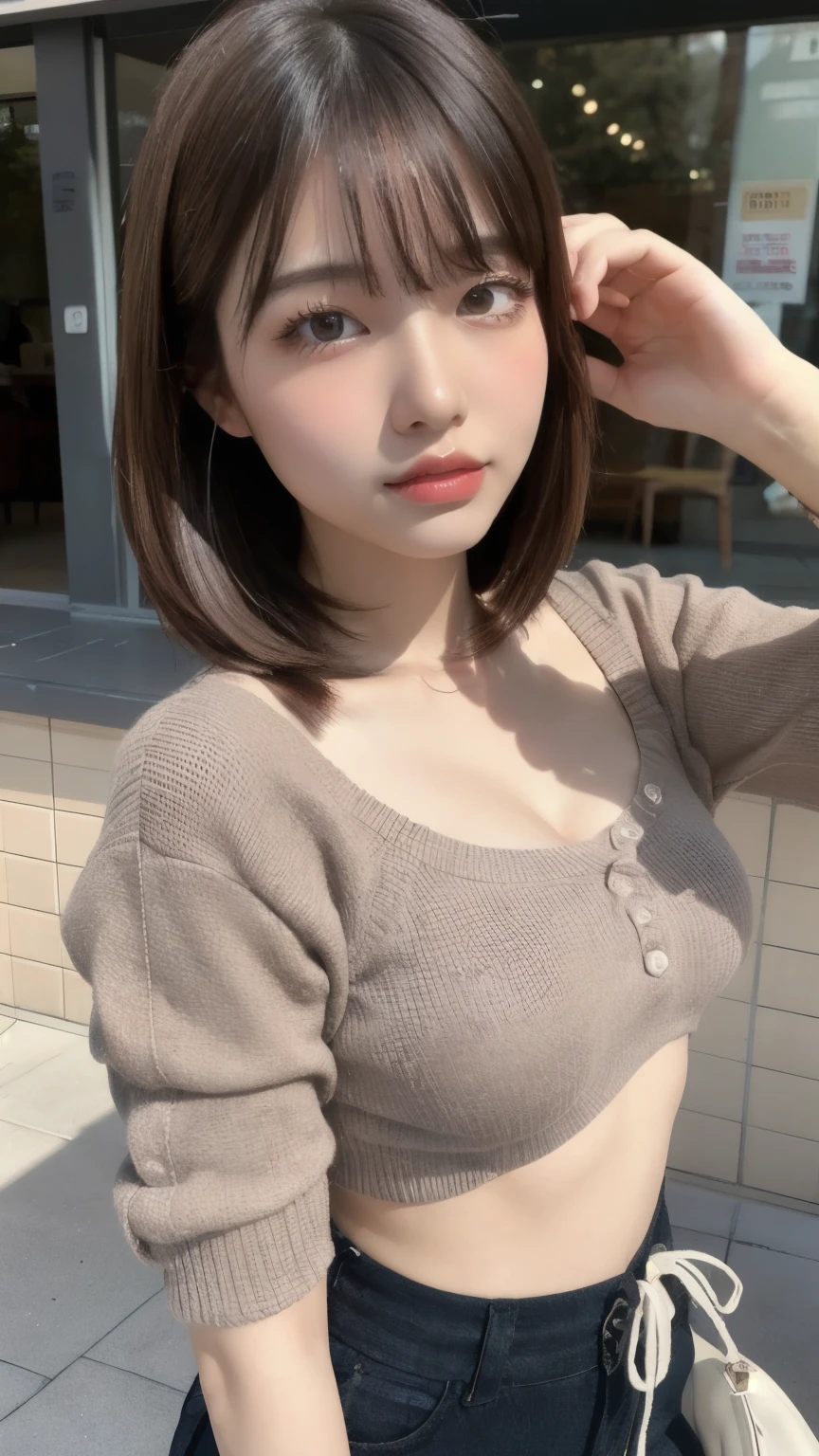 (Highest quality,masterpiece:1.3,Ultra-high resolution),(Very detailed,Caustics,8k),(Realistic:1.4,RAW shooting),1,cute,Japanese,Short brown hair that curls outwards,(Beige summer knitwear),(smile),Look up at the camera、(Brown short skirt),blue sky,sun,Backlight,(coastline),(sunset、sunset:1.1),,(Photographed from the waist up),(Face Focus),(Face close-up),(High Situation:1.3),(High Angle:1.3),Natural light 、Embarrassed smile、Parted bangs、Big Breasts、With small earrings、Silver Necklace、((Big Breasts))、Embarrassed smile、