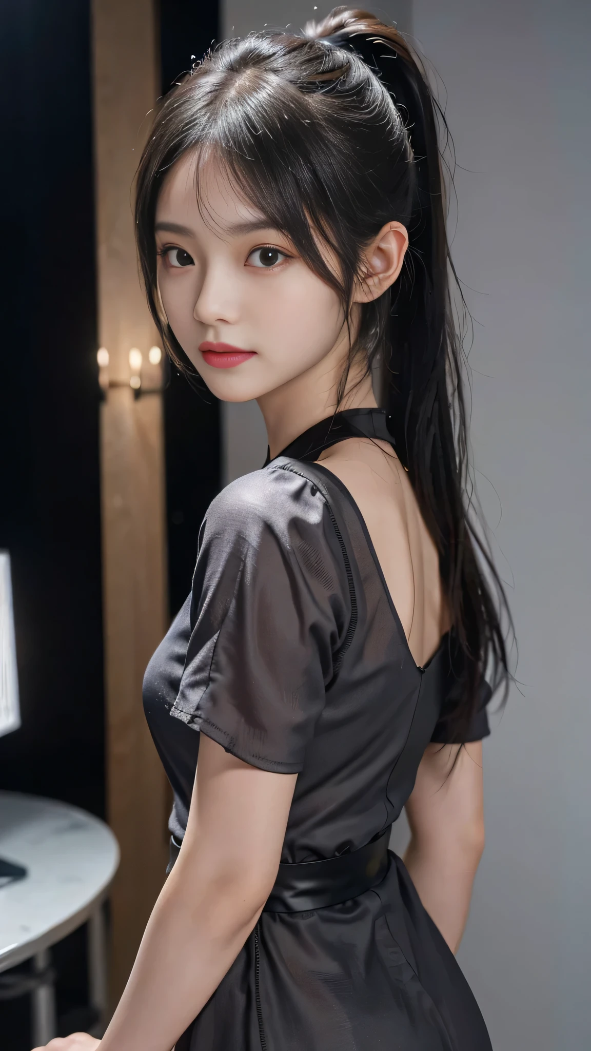 (masterpiece), best quality, perfect face, 1girl, black formal dress, white background,