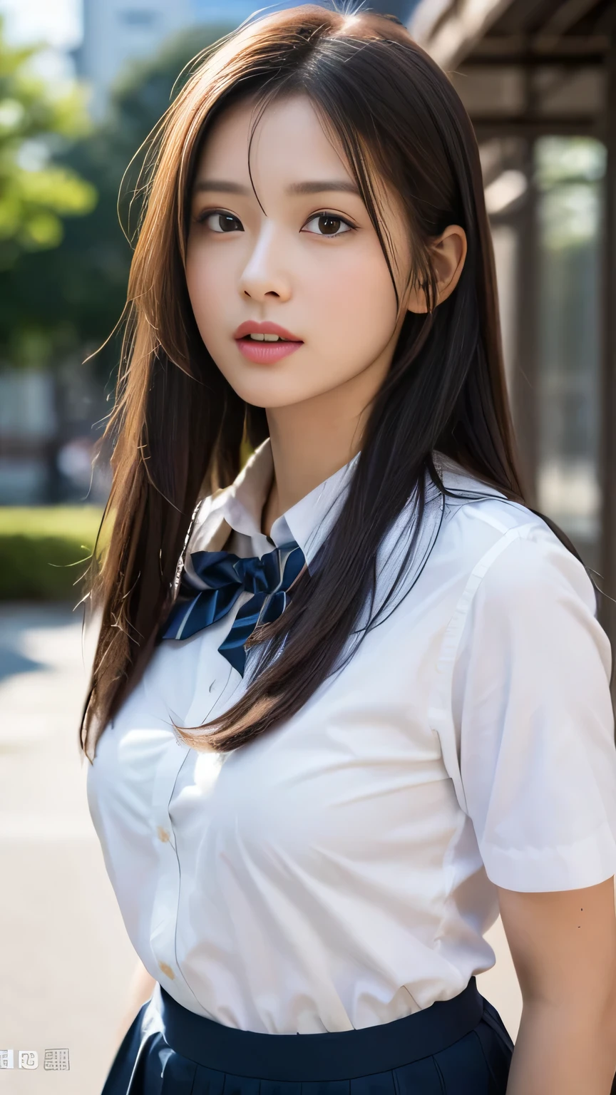 Neat and clean schoolgirl、(Schoolgirl Uniform、Loose and large shirt、Shoulders are visible、Nipple bumps、 girl、shirt wet、Sheer white shirt、Navy blue ribbon at the collar、School Uniform Blazer、Dark blue pleated micro mini)、Outside the field、(Slimed)、Photorealsitic、detaileds, Skin Texture, ultra-detailliert、Delicate and sexy collarbone、Super Detailed Face、Detailed lips、A detailed eye、二重まぶた、tiny chest、Smaller chest、small tit、Small、flat breast、Emphasis on the chest、Very distressed look、Very embarrassed look、Lift the hem of the skirt yourself,、Show the camera your white panties、pantyshot、The figure that seems to be able to see the panties、I can see my panties、Panties visible through the gap between the thighs、Panties visible through the gap between the legs crossed thighs