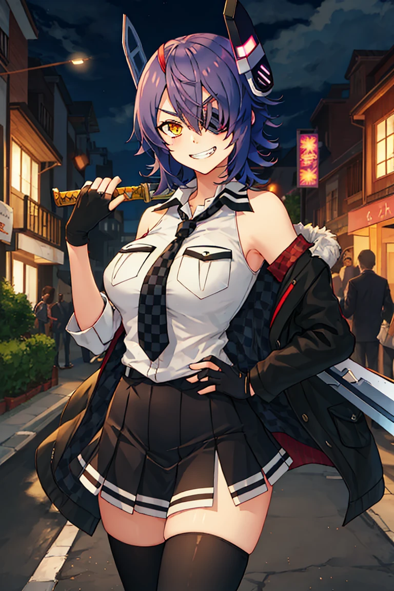 Portrait, official art, best masterpiece, best quality, best resolution, 8K, best detailed, perfect anatomy
BREAK
Holding a sword, carry a sword on one's shoulder, middle finger, fuck you
BREAK
Looking down, (From below)
BREAK
(tenryuu_kantaicollection:1.15), eyepatch, short hair, purple hair, yellow eyes, headgear, necktie, fingerless gloves, gloves, school uniform, checkered necktie, partially fingerless gloves, skirt, black thighhighs, military boots, (large breasts:1.2), 1girl, solo
BREAK
grin, smile
BREAK
Downtown, back alleys, cracked walls, (night, midnight, darkness:1.3), very fine and detailed 16KCG wallpapers