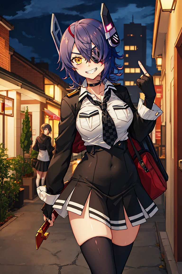 Portrait, official art, best masterpiece, best quality, best resolution, 8K, best detailed, perfect anatomy
BREAK
Holding a sword, carry a sword on one's shoulder, middle finger, fuck you
BREAK
Looking down, (From below)
BREAK
(tenryuu_kantaicollection:1.15), eyepatch, short hair, purple hair, yellow eyes, headgear, necktie, fingerless gloves, gloves, school uniform, checkered necktie, partially fingerless gloves, skirt, black thighhighs, military boots, (large breasts:1.2), 1girl, solo
BREAK
grin, smile
BREAK
Downtown, back alleys, cracked walls, (night, midnight, darkness:1.3), very fine and detailed 16KCG wallpapers