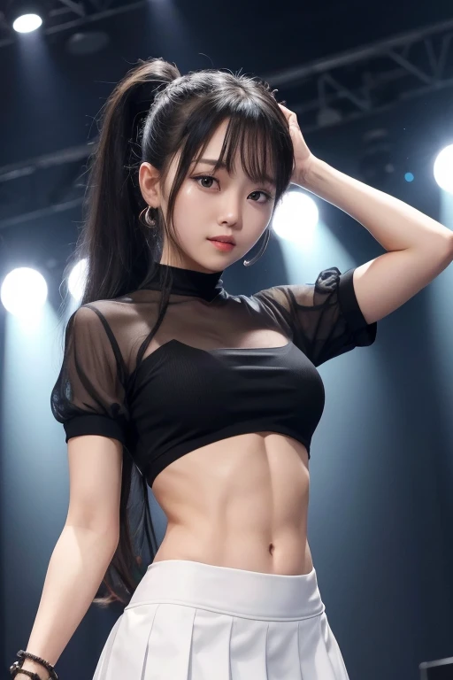 (8k, RAW Photos, highest quality, masterpiece:1.2), Super Resolution, (Realistic, Realistic Photo:1.37), Head to toe, High-resolution RAW color photos, Professional photos, Very detailed, 8k wallpaper, Amazing details, Very detailed美少女, Very detailed顔, Very detailed目, Very detailed肌, Very detailed指, Very detailed鼻, Very detailed詳細な口 , Very detailed脚, Perfect Anatomy, Very detailed背景, Very detailed衣服, 1 girl, (18:1.2), Age 25,  Realistic body, Fair skin, Glowing Skin , Curly Hair, (bangs:1.2), smile, Cute Face, Realistic face, Delicate eyes, Purple Mesh Shirt, Short skirt, Earrings, Looking at the audience, Dynamic Lighting, Very large breasts,