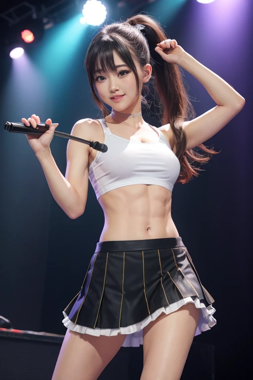 Girl is at the night rave festival、cheerleaders、pleatedskirt、Twin tail hair、Realistic and beautiful Japan woman、18year old、(round and large chest)、perfectly proportions,The rays from the LED screen and stage are、Create cinematic lighting effects、Make the scene look like a masterpiece。Her skin is perfect and、long hair of light colors,、In addition to the vibrant atmosphere of the festival。The camera focuses on her feet、Contract with rays、Emphasis is placed on。Lens flares and high-resolution textures、Gravure Pose、Opening legs、(Erect nipples)