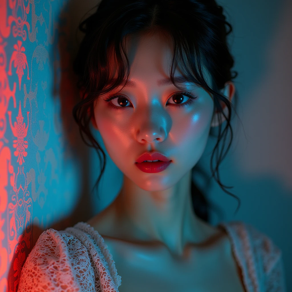 real photograph, (Top image quality, 8k, masterpiece), top-quality, 超A high resolution,Japan Girl, 18 year old, pretty face, multicolored lace bra, kawaii faces, Melancholy look, double eyelid、big breasts: 1.4、Stylish braided hairstyle、night modern room、Movie Lighting, Photorealsitic, real looking skin, NFSW, 35mm, Shot with Leica,