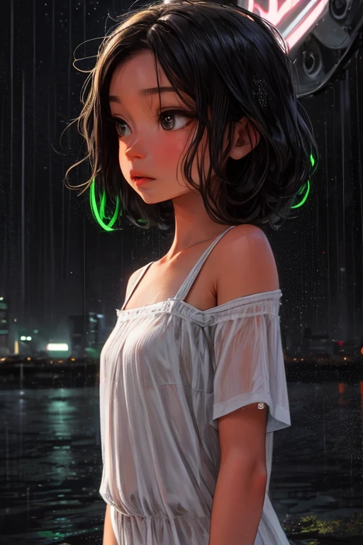 ultra-detailed, vibrant colors, soft natural lighting, fine art, bokeh effect. upper body, casual outfit, medium shot, big eyes, huge eyes, ((standing)), ((raining:1.4)), under the rain, ((gray colours:1.5)), ((at night)), ((dark atmosphere:1.5)), ((small breasts:1.3)), ((flat chest)), ((neon lights:1.4)), (city view on the background:1.4)