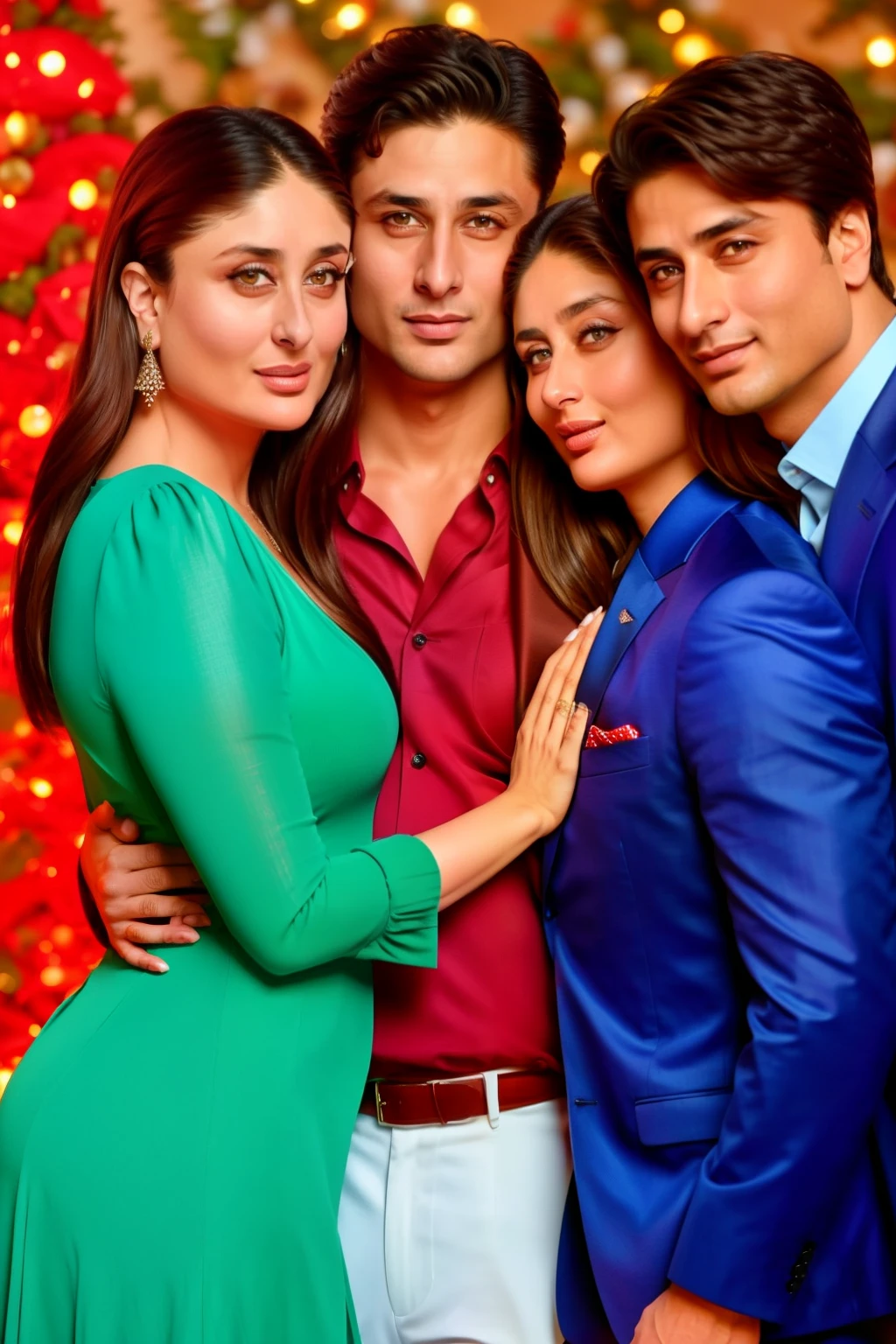 Kareena kapoor with her boyfriend and one man and girl. they are sitting in hug. Make hollywood romantic type movie poster. The poster have only four people. They are wear hollyday costumes 