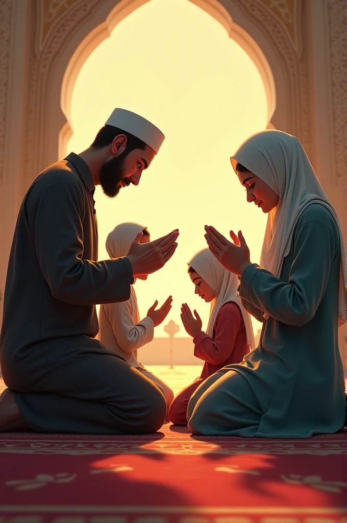 muslim family, pray before eat on table at home