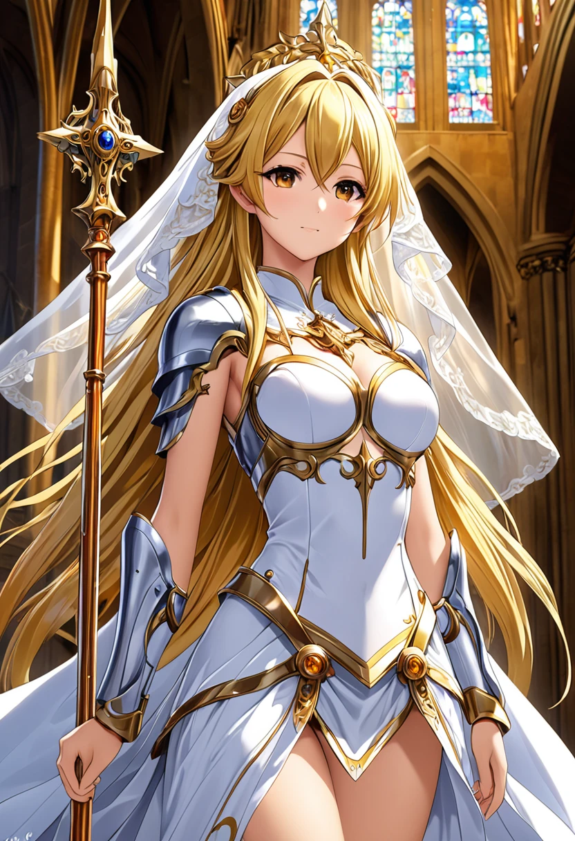 ((Best Quality)),(Ultra-high resolution),(Super detailednew),(Detailed Description),((The best CG)),(A masterpiece),Ultra-detailed art,Wonderful new Art,(Surreal)、Girl、(Blonde)、(((Long Hair)))、(amber colorの目）、Girl,Beautiful and well-proportioned face:1.6,Also々new:1.5,Natural Makeup:1.4,Highly detailed face、（Perfect Eyes）、Perfect hands、Perfect Proportions、Girl性司祭1人, Wearing a white veil, white ribbon, armored dress, He wears thin, light armor、Precise and detailed relief:1.7、He has a long sacred staff、Old Cathedral 、With the church in the background、Healthy Skin、Highly detailed lighting、