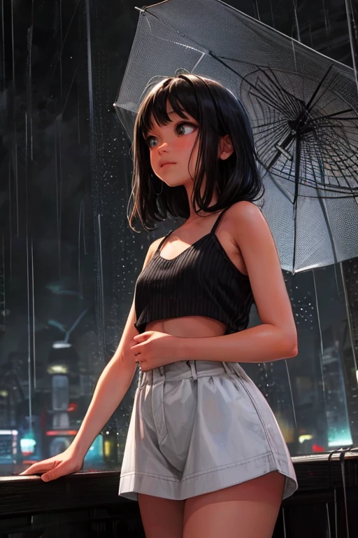 ultra-detailed, vibrant colors, soft natural lighting, fine art, bokeh effect. upper body, casual outfit, medium shot, big eyes, huge eyes, ((standing)), ((raining:1.4)), under the rain, ((gray colours:1.5)), ((at night)), ((dark atmosphere:1.5)), ((small breasts:1.3)), ((flat chest)), ((neon lights:1.4)), ((Hong kong view on the background:1.4))