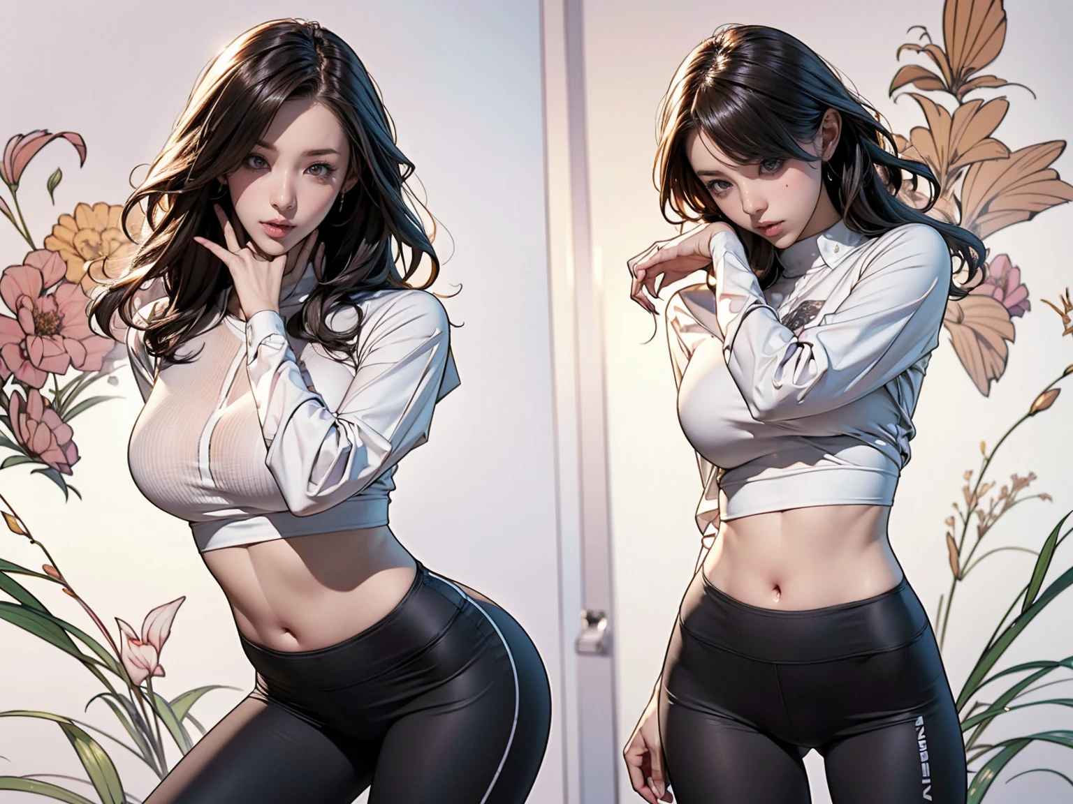 (Surreal), (figure), (High resolution), (8k), (Very detailed), (best figure), (Beautiful fine details), (Best Quality), (Very detailed), (masterpiece), ( wallpaper), (Detailed face), Alone, 1 girl, White wavy hair, Korean Different Eyes, Small mole under eye, loose white shirt, Yoga pants, Big Breasts, Long legs, Firm stomach, Camel Toe, Dynamic pose  