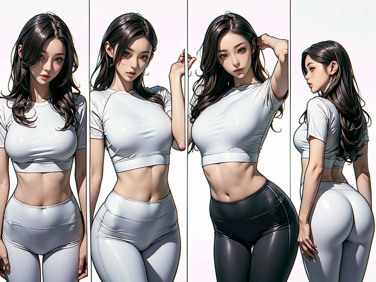 (Surreal), (figure), (High resolution), (8k), (Very detailed), (best figure), (Beautiful fine details), (Best Quality), (Very detailed), (masterpiece), ( wallpaper), (Detailed face), Alone, 1 girl, White wavy hair, Korean Different Eyes, Small mole under eye, loose white shirt, Yoga pants, Big Breasts, Long legs, Firm stomach, Camel Toe, Dynamic pose  