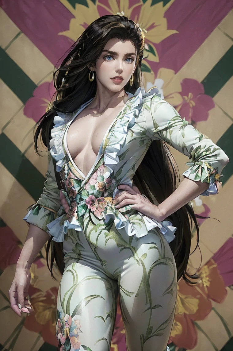 MASTERPIECE,
((jojo's bizarre adventure)),
(((ripple user))),
(((((Lisa Lisa:1.2))))),
(((The body is covered with ripples))),
Super beautiful like a model,
Jojo standing,
(((Jojo standing pose))),
(((dynamic pose:1.4))),
ripple attack,
thin silk clothes,
((((a woman in a green and white floral suit walking down a runway)))), gucci catwalk, Versace, focus on art nouveau suit, intricate abstract. gucci style, gucci, (((((wearing louis vuitton armor, floral couture, vibrant patterns, by Nina Hamnett, modern maximalist suit, modern maximalist fashion dress, vibrant foliage))))), full body!! ((((((maximalist details  and a flowered top, floral couture, frilled blooming collar, colorful rich fantasy , maximalist fashion dress, colorful fashion, wearable art, frill, intricate fashion clothing, floral clothes, insanely beautiful, inspired by Roberto Parada, tropical style)))))),
pointy shoes with black heels,
Double-breasted coat with visible buttons
Short-sleeved innerwear with round neckline, slightly visible on the chest,
.((((cowboy shot))))
My waist is tight,
MASTE、((((((In the background “Do o o o n ! ” write the characters))))))