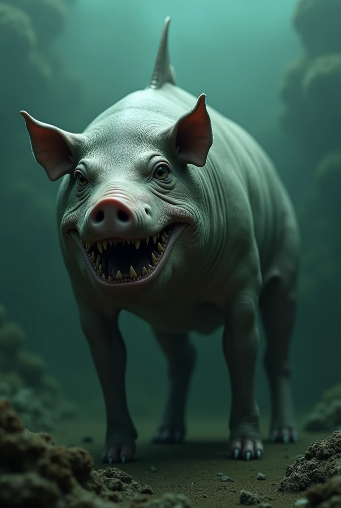 Horror-themed Cinematic film still, Fantasy monster concept art, Fish with a pig&#39;s head, in the sea, Dynamic Lighting,  Realistic, Talked about at the art station, Amazing visuals, creative, Cinematic, Super detailed, Atmospheric, Ambient Lighting, Scary Art High Budget, Bokeh, CinemaScope, Sulky, amazing, nice, Film Grain, granular . Creepy, Anxious, dark, Creepyな, Suspenseful, strict, Very detailed