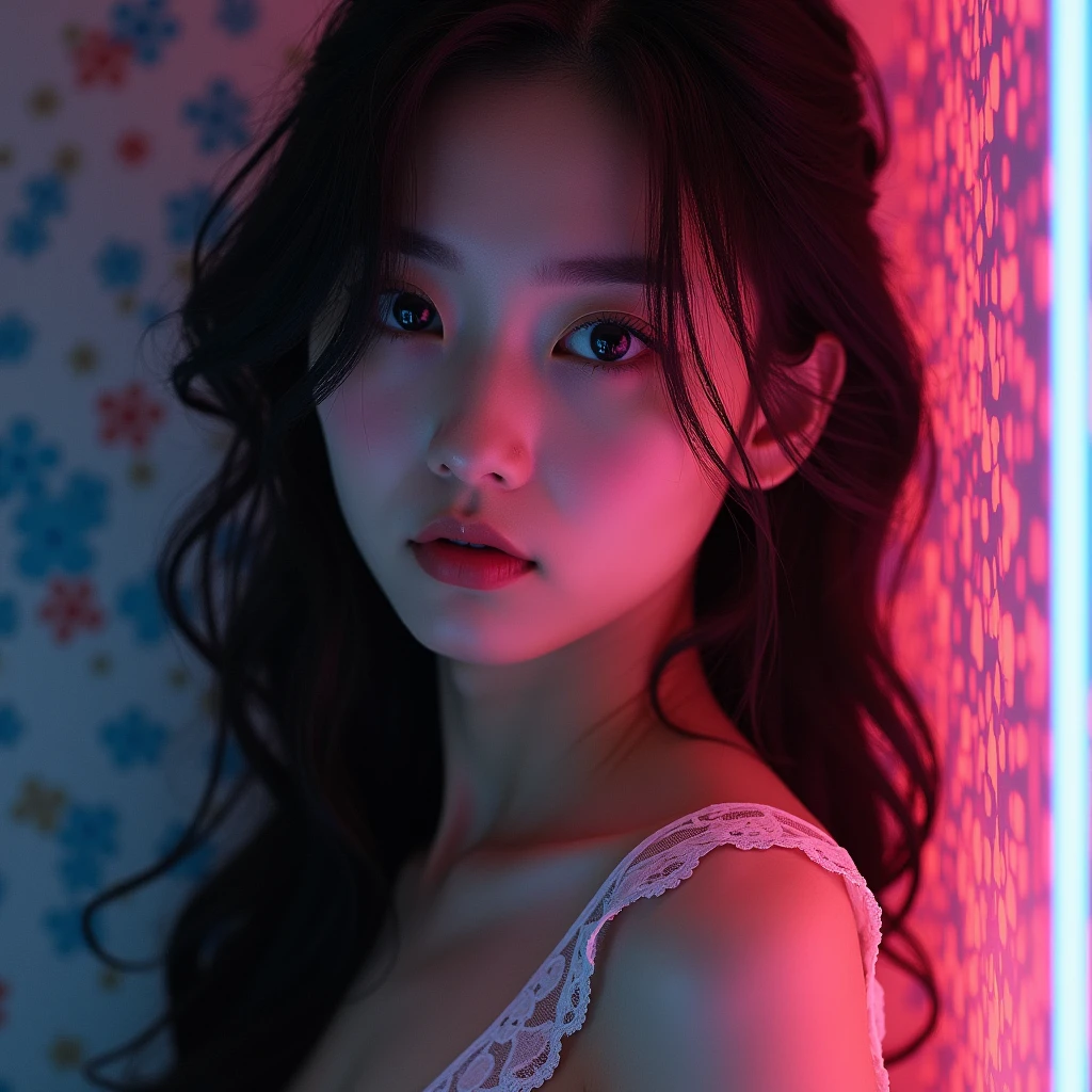 8k Beautiful Naked Asian Woman With big tits, on the bed with a Neon Colors behind