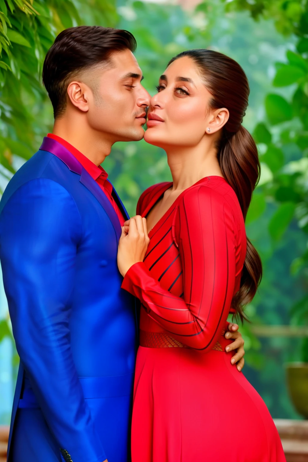 Kareena Kapoor kisses spiderman's the cheek , couple, tight kiss, tight hugging, romantic 