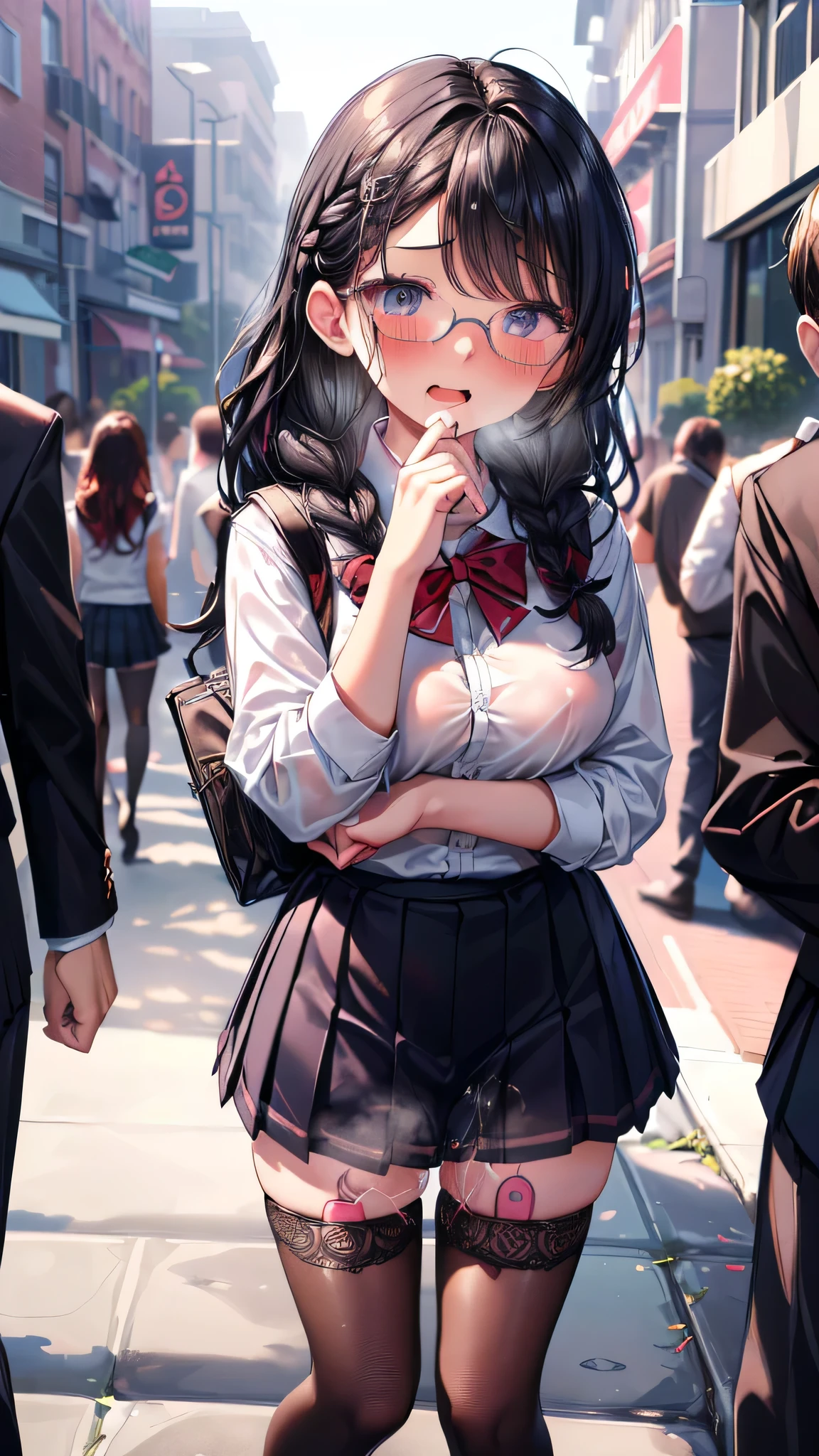 (masterpiece, finely detailed beautiful eyes: 1.3), (anatomically collect:1.3), ultra-detailed, ultra high res, professional lighting, high quality makeup, beautiful detailed eyes, upper body, (outdoor, city, crowd:1.3), (1 sexually attractive girl:1.8), (large breasts:1.3), (looks like high school student:1.2), (school uniforms, white shirt:1.4), (school bag), (glasses), (blush cheek:1.4), (side braid, braid, long wavy black hair:1.2), (Extremely cute), (extremely detailed beautiful face:1.2), (Authentic skin texture), (face focus:1.2), (orgasm, sexual aroused, sexual ecstasy:1.6), (steam:1.2), erect nipples, (standing:1.2), (vibrator in thighhighs:1.3)