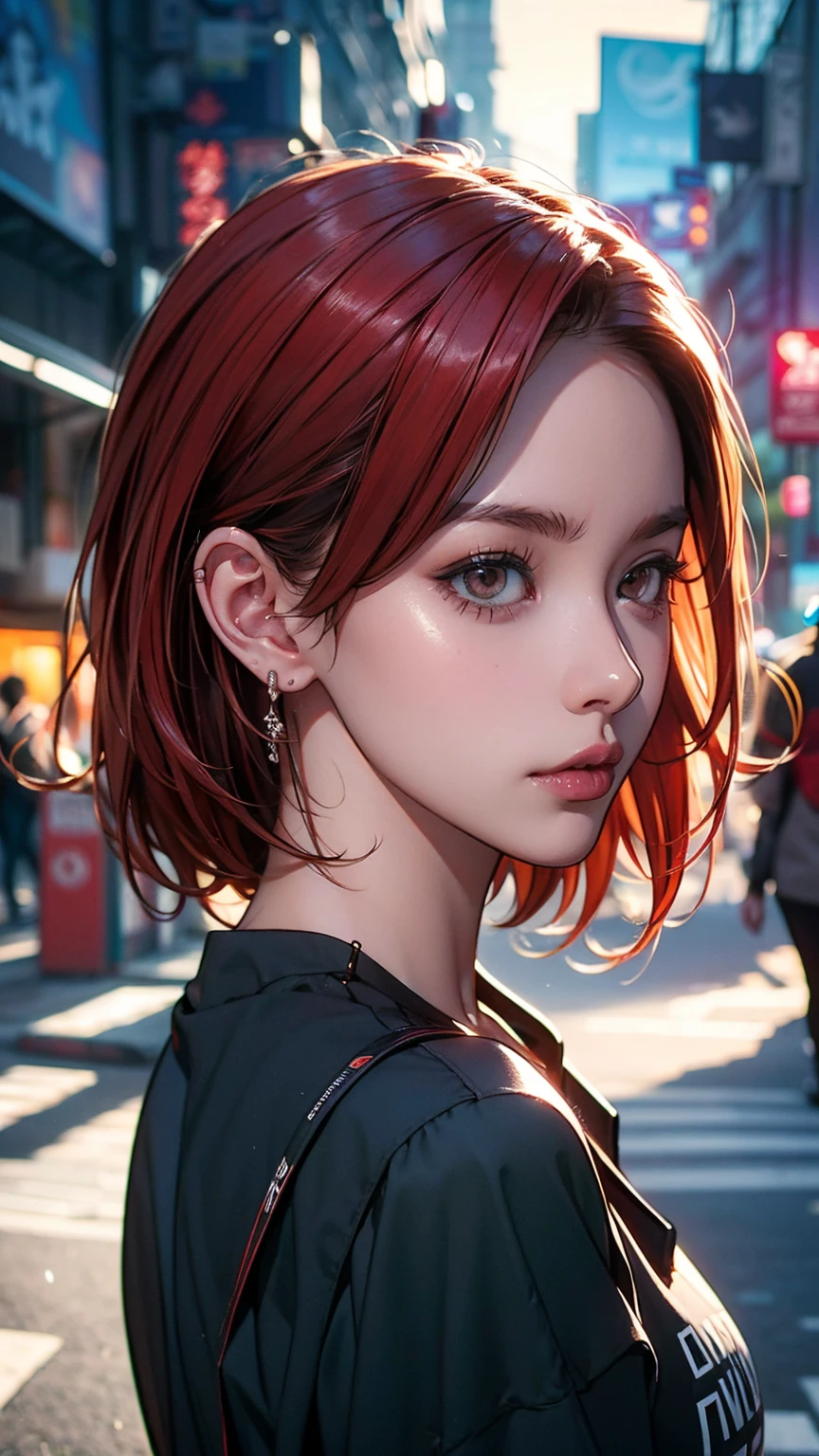 beautiful girl, Half Body Portrait, Short, bright red, messy hair, Black eyeshadow, (Street Style Wear:1.2), (Urban Background:1.2), Heavy makeup, Digital Art, Trending on Artstation, highly detailed, The finer details, Complex,  beautiful detailed glow, detailed, Cinematic Light, High resolution, detailed facial features,Sharp focus, Smooth, Midea,