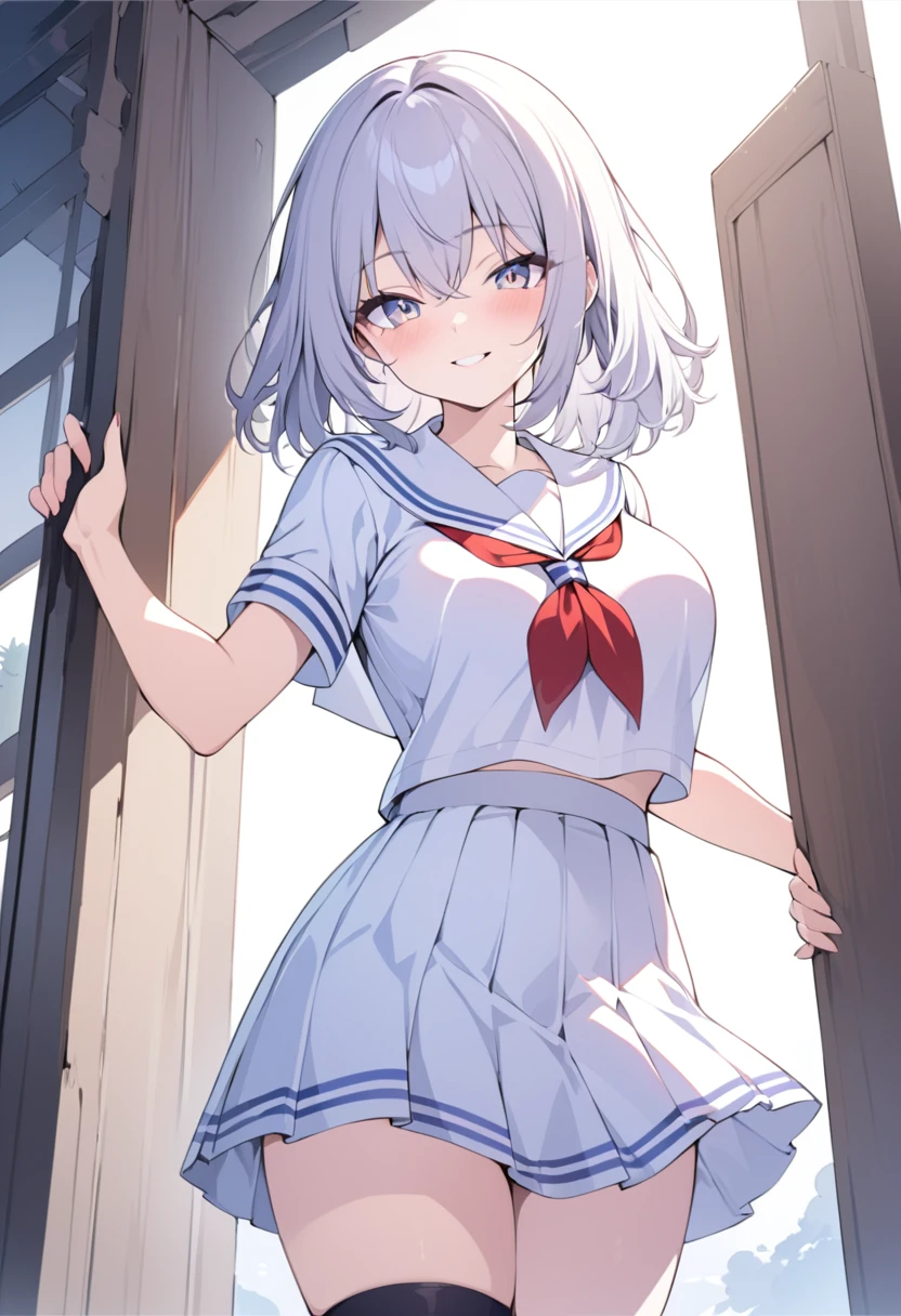 masterpiece,Highest quality,Super detailed, girl,,Sailor suit,Schoolyard, Open your mouth,shy