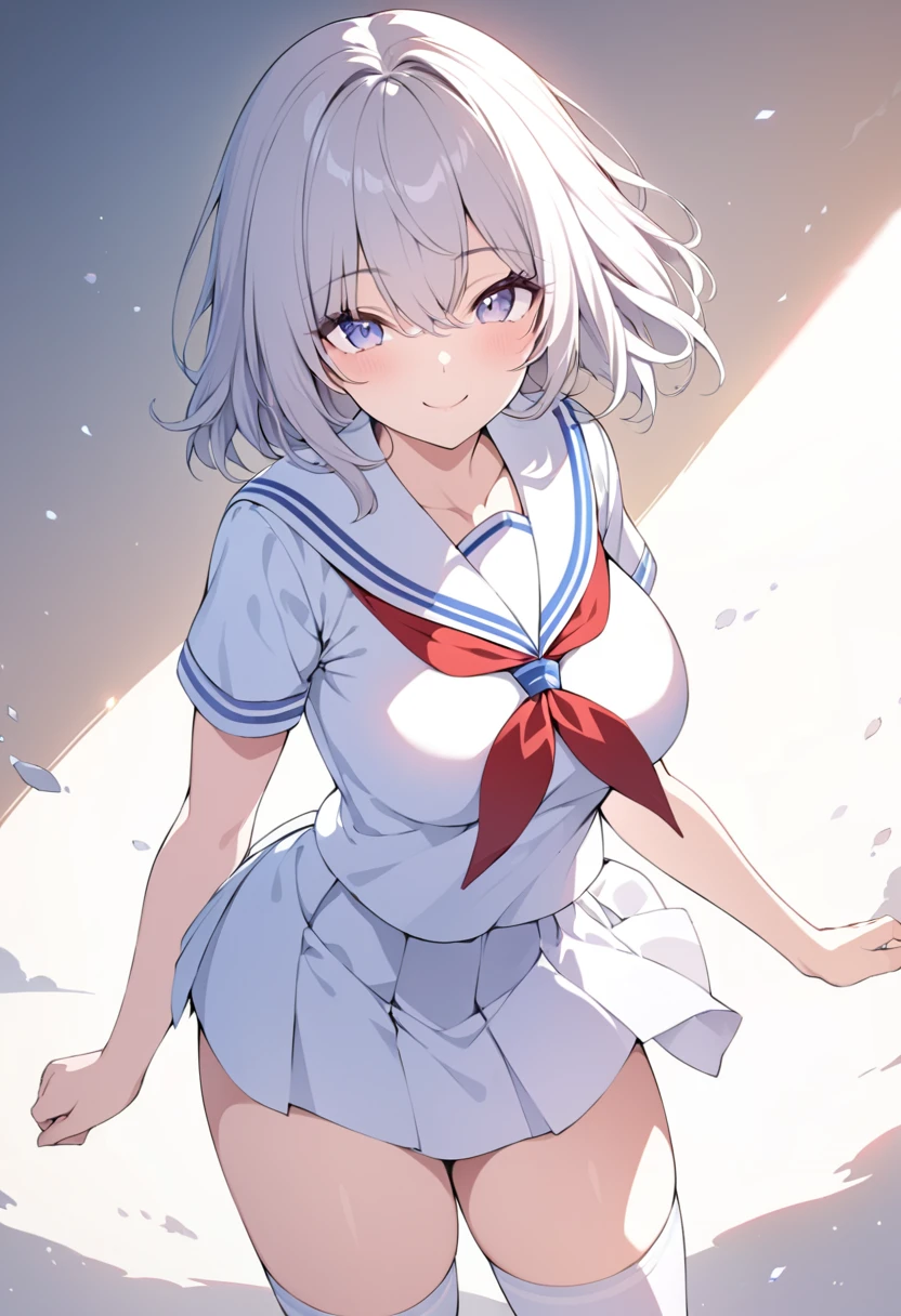 beautiful, masterpiece, Highest quality, anime, One girl, C Cup,Portrait Shot, Short Hair、nearby、Blue Eyes、art、、White hair,Blue streaked hair、hairpin、Cute恥ずかしがる、Thighs、Cute、Beautiful breasts、valley、Nipples、Large_Sweat、Nude、Lying on your back、bed、white_Sailor suit、Crucifixion、handcuffs、impatience、Sweat、gray_mini skirt、Light Blue Panties