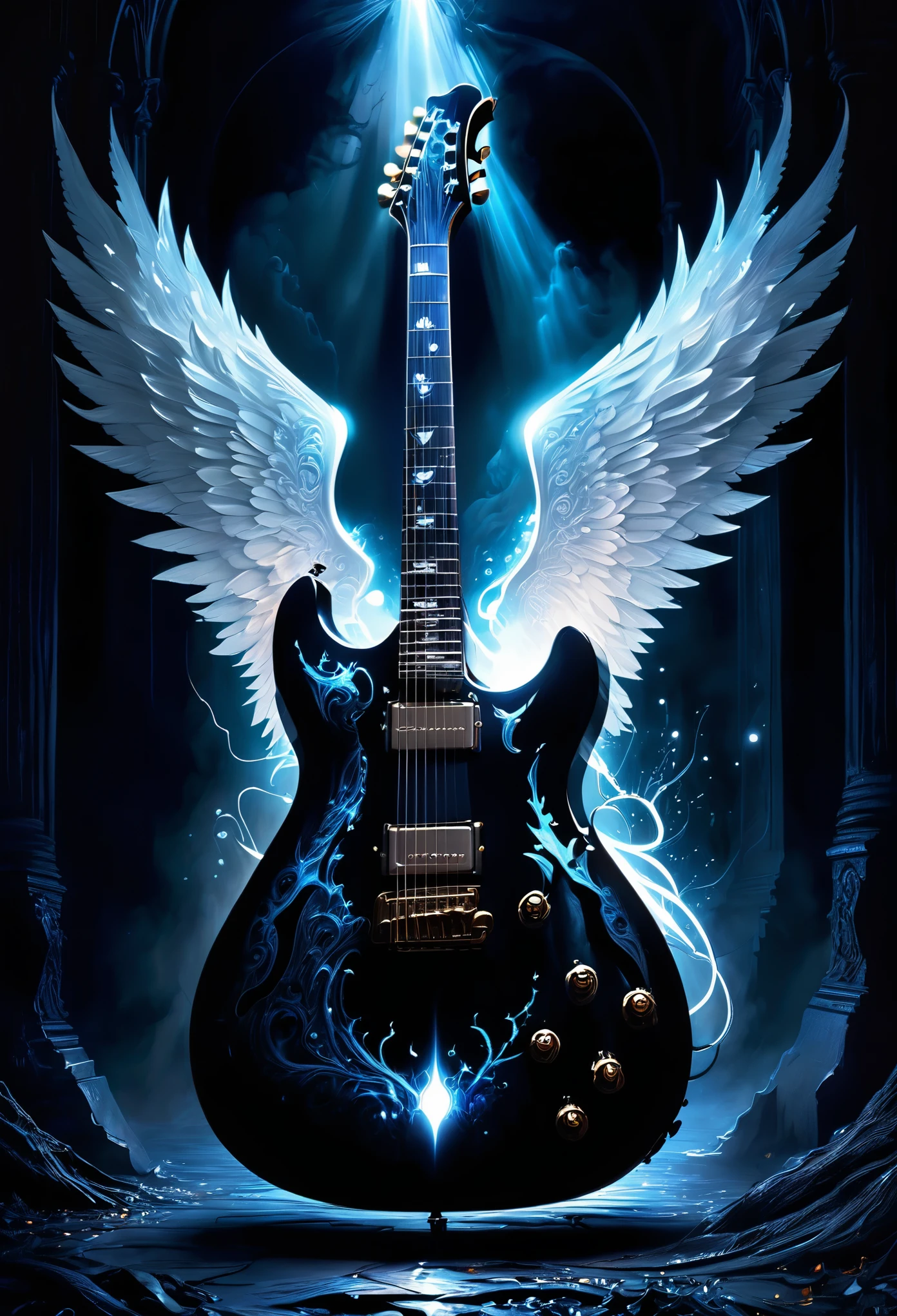 
A mesmerizing Dark fantasy illustration captures the essence of a hauntingly beautiful guitar, Its silhouette is、Standing out against the inky black background, it is highlighted.. An electric guitar with white wings spreading out from the body on both sides、Bathed in chilled supernatural light, Emitted from the enigmatic, A source from another world. This eerie illumination、Creates a mysterious atmosphere, The contrast of light and shadow、Doubling the captivating ambiance. The scene's fantastical glow and mystical aura、Transports the viewer to a world of fantasy and wonder, making this captivating illustration a true masterpiece of Dark fantasy art. Intricate details and enchanting aura、It will leave a lasting impression on all who behold it., Dark fantasy 