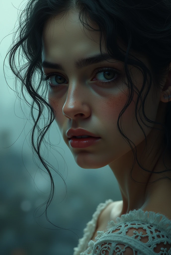 Hailee steinfeld,Lip bite ,Hair over face,Wavy black hair with pink streaks,bare neck,(Focus on_breasts),Raining,Piercing eyes,Tilted head, pale skin,Photorealistic,Black eye makeup,freckles on nose ,Closeup, Caucasian girl,glistening eyes,Closeup Madison beer,venom,Voigtlander Nokton 50mm f1.4 ,bare mammary_glands,Photorealistic Beautiful woman,medium_mammary_glands,(Polaroid, Kodak Portra 800,Hyperrealistic, photorealistic, lifelike, PBR (Physical Based Rendering), Specular highlights, Post-processing effects, Highly detailed, 8k, Ray tracing, V-Ray, Ultra- detailed, Depth of Field, Cinematic, Realistic lighting