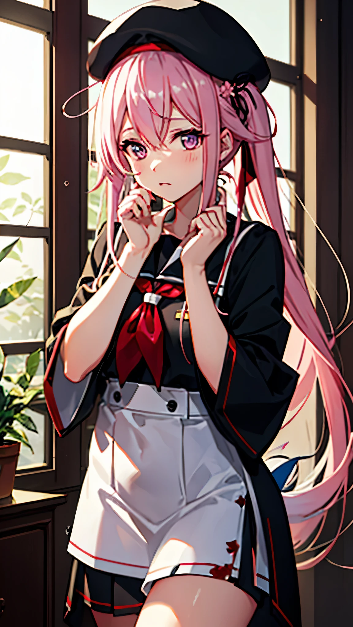 (masterpiece), (Best Quality), (Super detailed), Realistic, (Best illustrations), (Very delicate and beautiful), One Girl, (Kantai Collection_Spring rain) Harusame_kantaicollection　Black uniform, black skirt, pink hair, white beret　complicated (Purple eyes) Beautiful face, Skin dents, Great eyes, Rim Light, Skin Shading, Very beautiful skin, Very elaborate hair ornament, Precision sculpted body and hands　Standing posture　A confused look　A room with sunlight streaming in