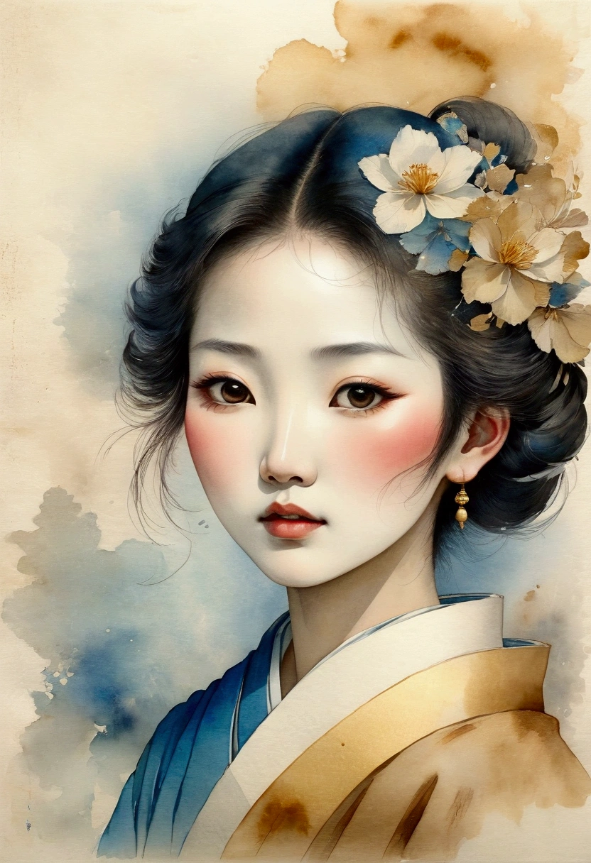 Watercolor、Old paper texture、Damaged Paper、Old style、Faded color、Town women of Edo、Facing forward、Close-up of face、Thick Fog、composition、Golden Ratio、Functional、grace、detail、background、Soft colors、Blurred Lines、blue、