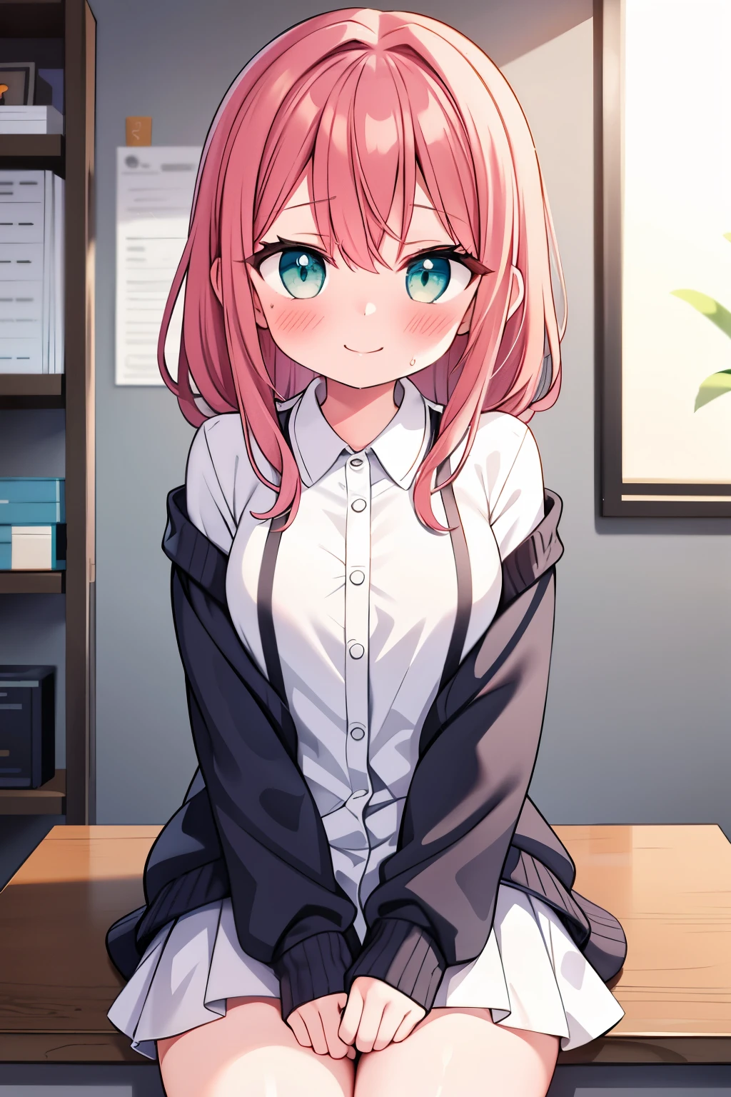 ((best quality)), ((highly detailed)), masterpiece, absurdres, (detailed eyes, deep eyes), (1girl), depth of field, dynamic pose, upper body, <lora:ddlc-10:1>, Sayori_(doki doki literature club), coral pink hair, blue eyes, short hair, hair bow, red bow, bow, smile, sneakers, (indoors, in an office, office lady, desk), <lora:HeroNeisan_Style-DEF:.8>, heroneissan style