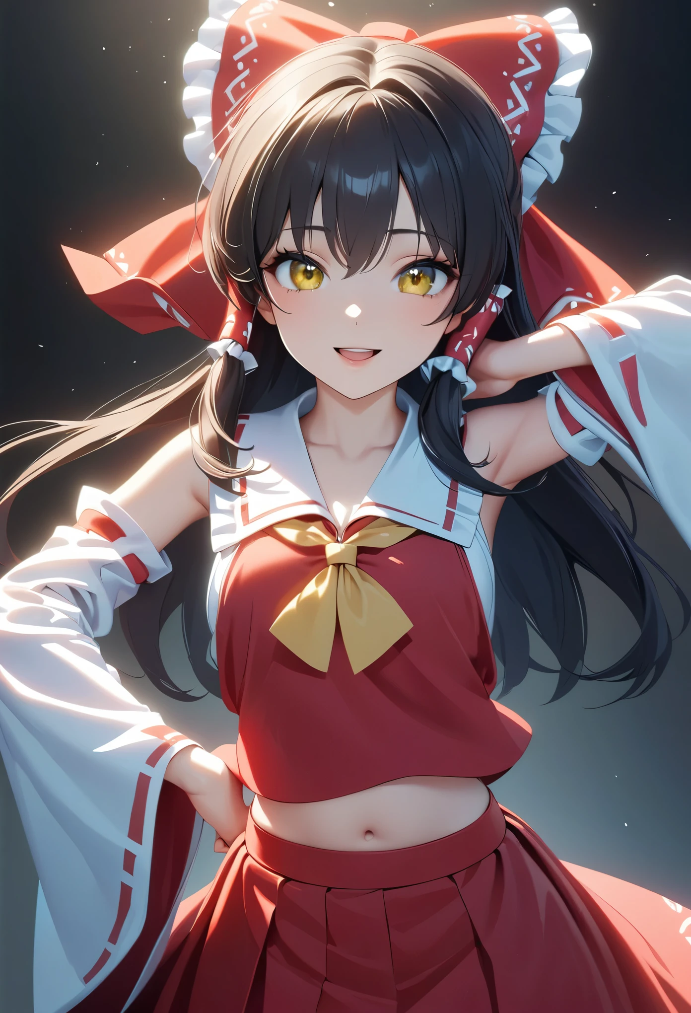 hakurei reimu, 1 girl, Sexy Shrine Maiden, Miko costume, Sexy Costumes:1.4, Big ribbon, Black Hair, Detachable Sleeve, Wide sleeves, Red Skirt, Red vest, belly button, Please open your mouth a little.:1.2, 表情はVery detailedで, Mischievous Smile, Dynamic Angle, Sexy pose, Beautiful fingers:1.4, Very detailed, 8k, Anime Style:1.2, [[[Hyperrealistic]]], Detailed CG illustrations, Chiaroscuro Lighting, Dramatic Shadows, elegant, grace, ((Beautiful face and eyes, Fascinating, Porcelain Skin, Beautiful eyes, Delicate features)), Single color background:1.2, Shiny, Cinematic composition, Dramatic Pose, A bad mood, Dark and mysterious.